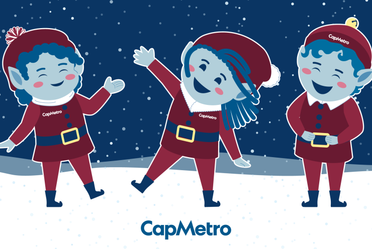 Three cute CapMetro elves dancing together in the snow with the CapMetro logo on the bottom.