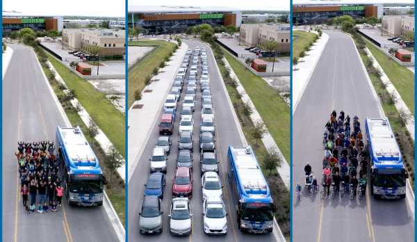 image of 50 cars next to 50 bicycles next to 50 people and 1 bus