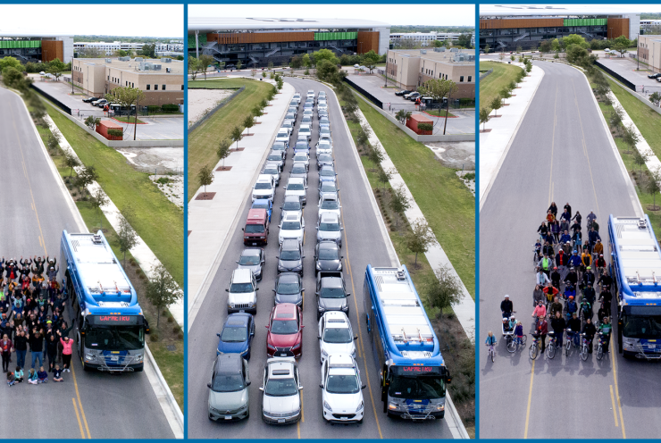 image of 50 cars next to 50 bicycles next to 50 people and 1 bus